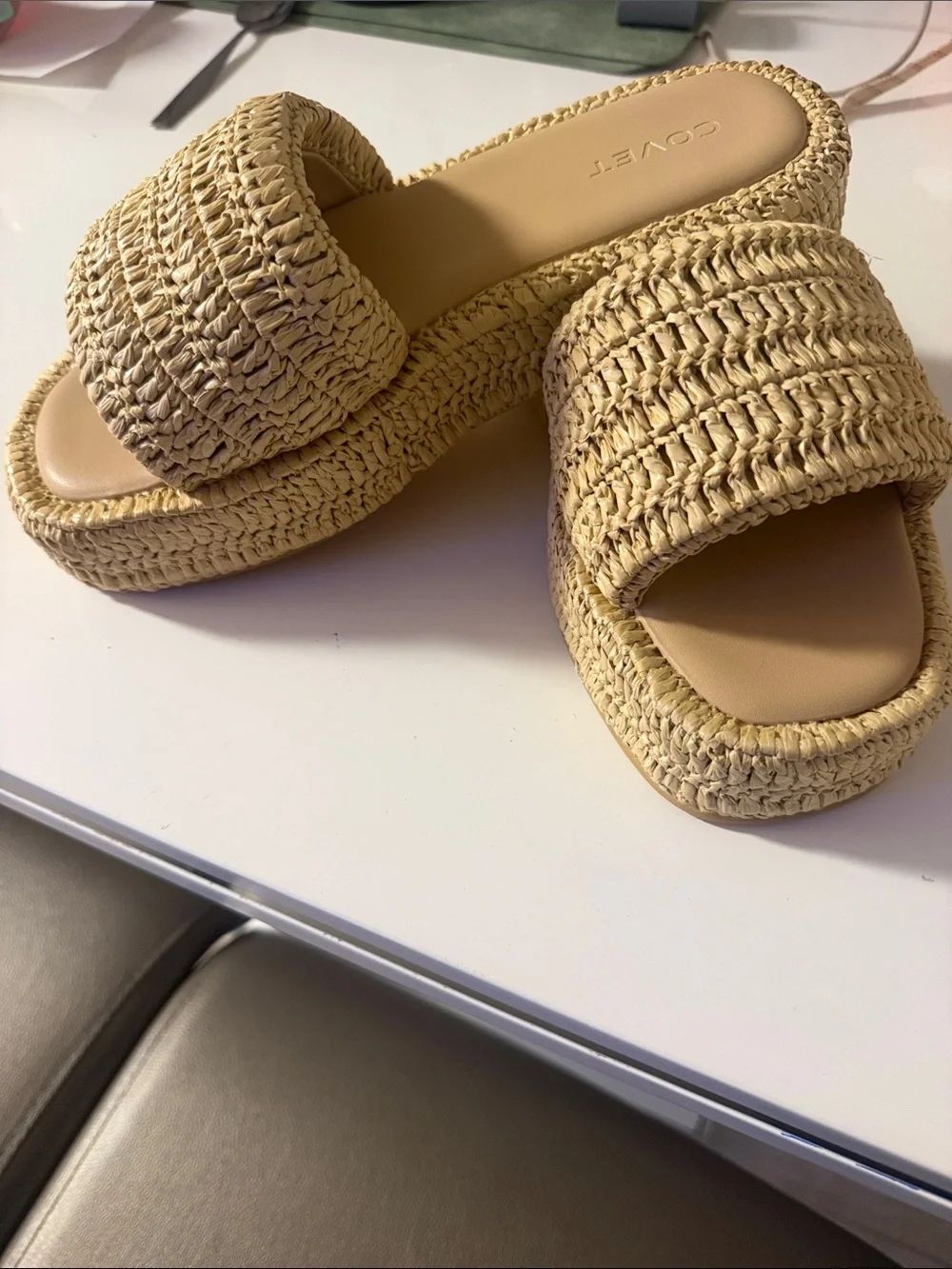 Woven Slide Sandals in Natural Straw by COVER